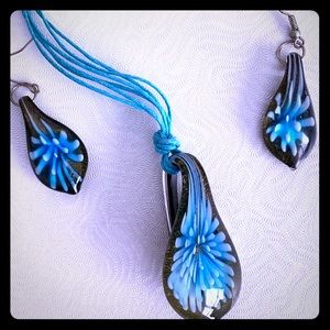 Blue glass art jewelry set